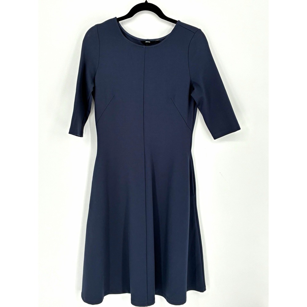 Betabrand Blue Solid Knit A-Line Dress Stretch 3/4 Sleeve Knee S W1478-BNI Work